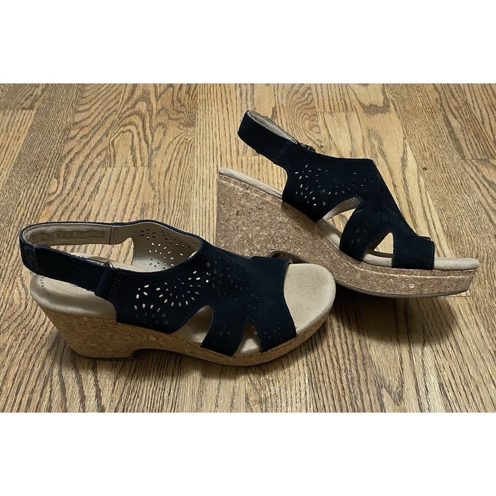 Clarks Slingback Suede Sandals Women's Black Cork Platform Wedge Shoes Size 10